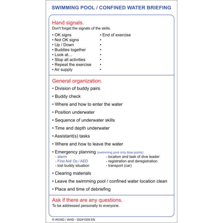 Schreibtafel 'Briefing Schwimmbad / begrenztes Freiwasser'